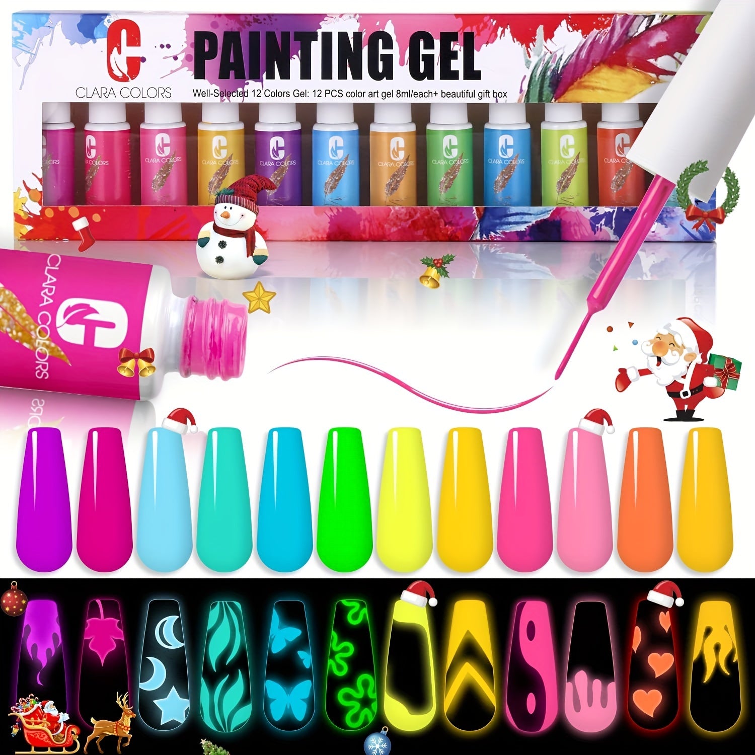 Clara Colors Gel Polish Nail Art Liner Set, 12 Colors Glow In The Dark Gel Liner Nail Art Polish Luminous Drawing Painting Thin Nail Art Brush For Swirl Nails Design Soak Off UV Led